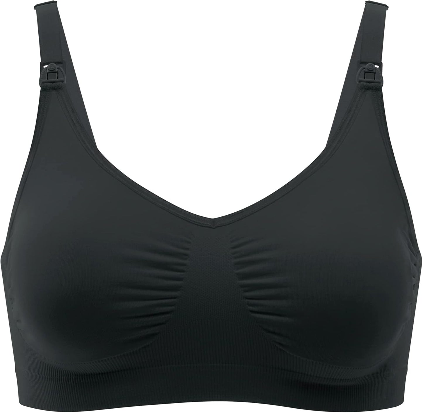 Close-up of black Medela nursing bra showing seamless and soft fabric.
