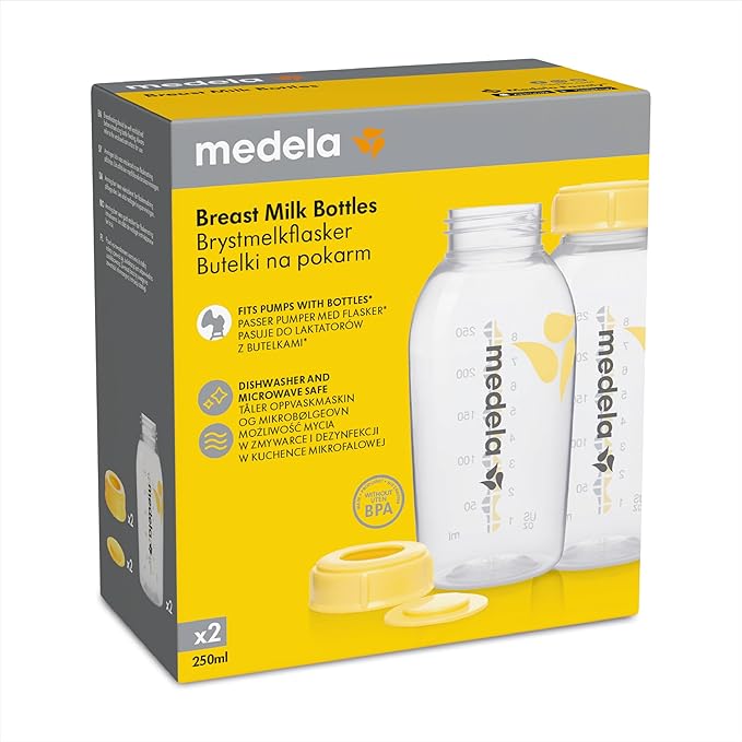 Medela Breast Milk Bottle Set packaging, featuring 2 x 250ml BPA-free bottles, leak-proof screw lids, and clear measurement markers for easy storage and feeding.