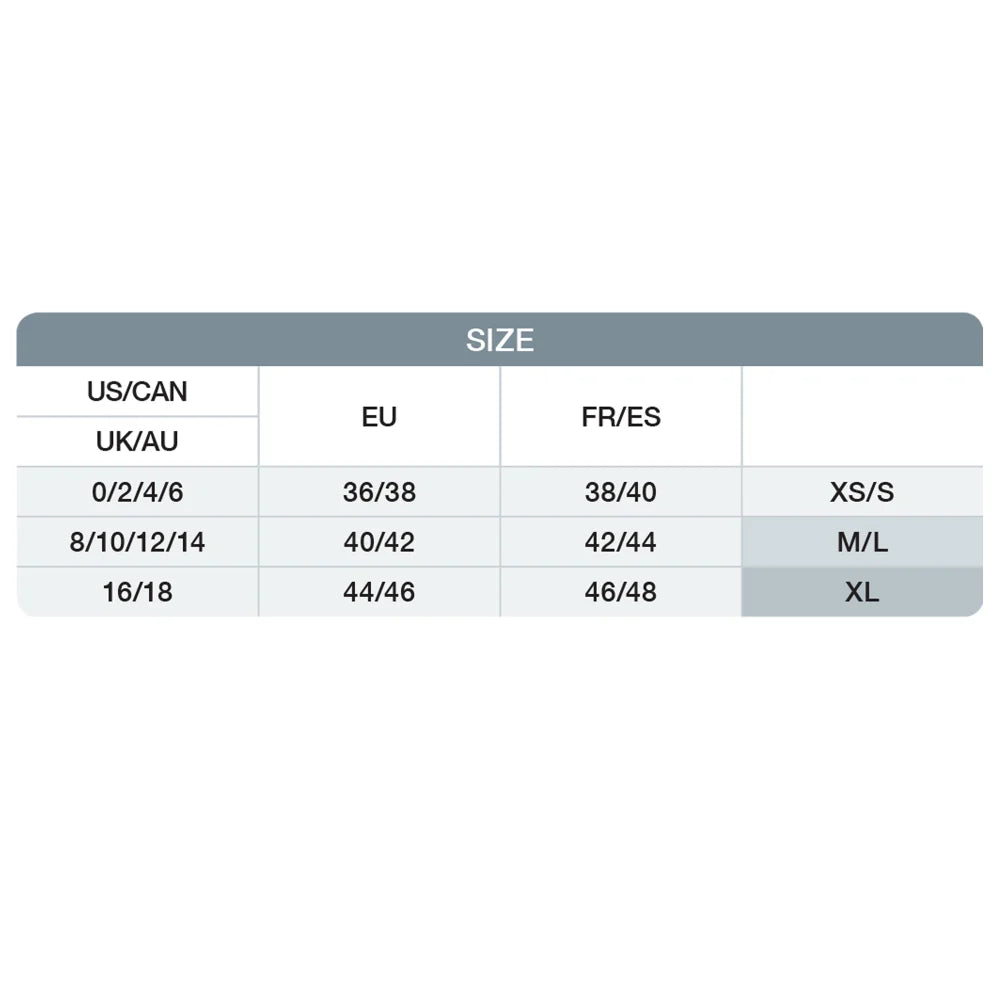 Medela white panty size chart with measurements and fitting guide.