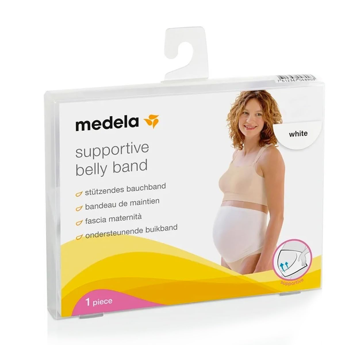 Medela white supportive belly band packaging with product branding and details. front view