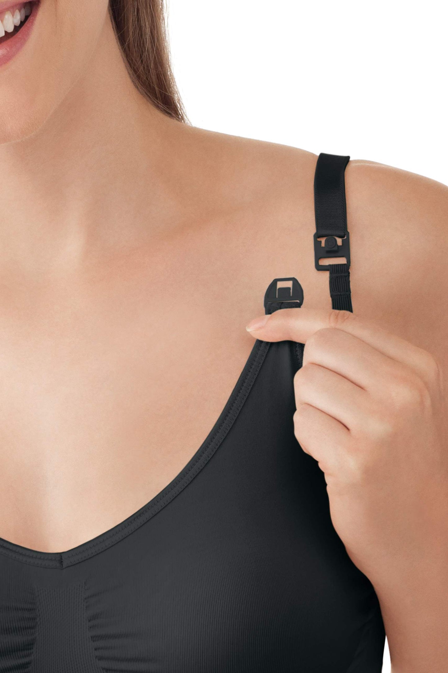 Super close-up of Medela nursing bra easy-access clip showing detailed functionality.