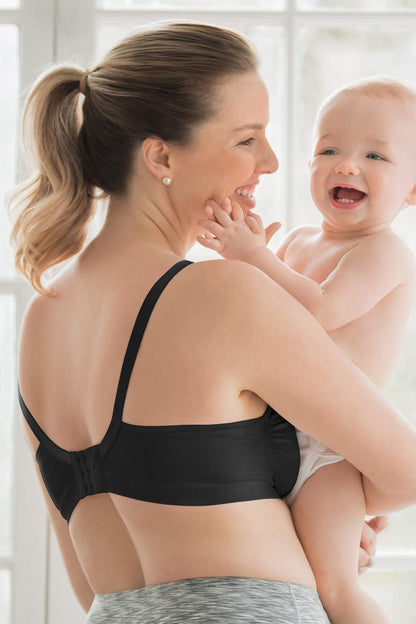 Back view of black Medela nursing bra highlighting supportive and seamless design.