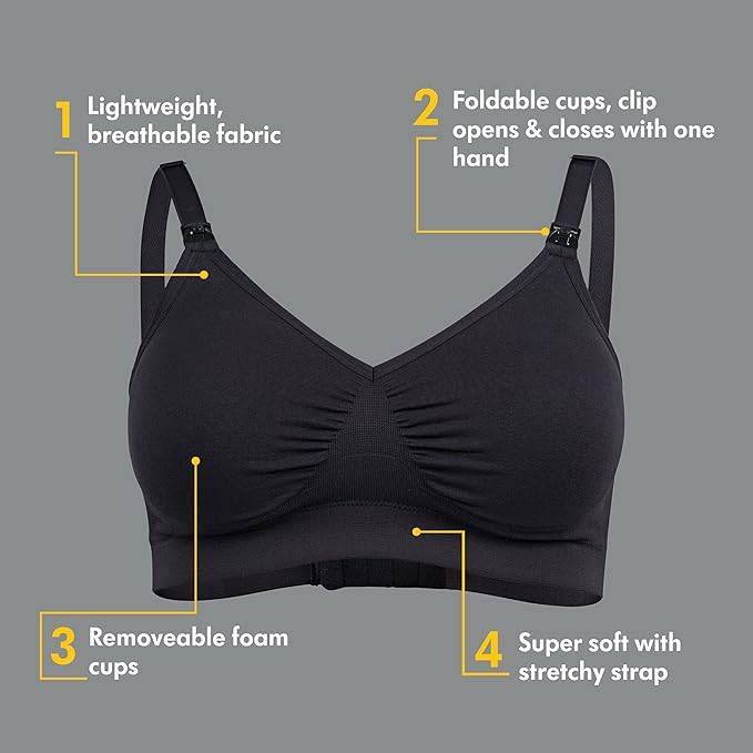 Black Medela Comfy Bra with all key features highlighted, including seamless fit , removable foam cups and super soft stretchy strap