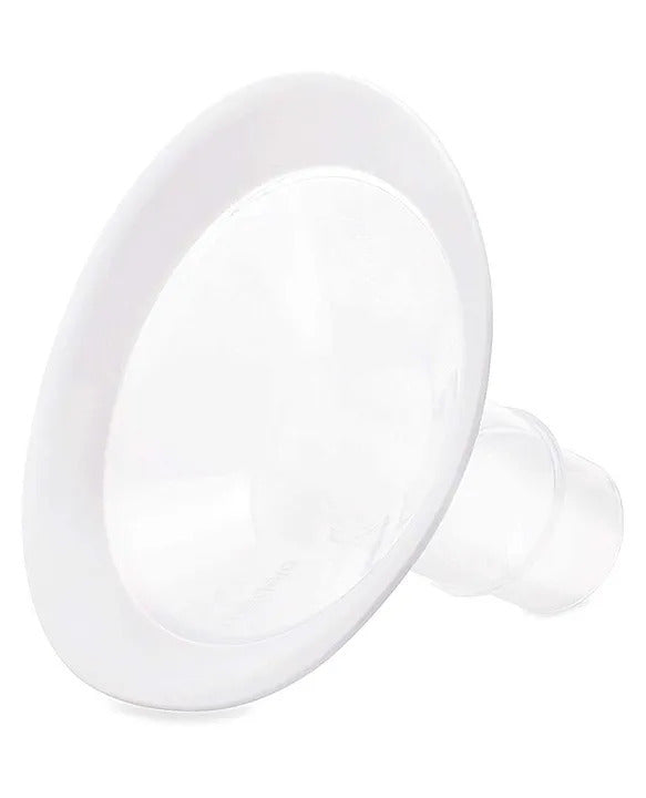 Close-up image of a Medela breast shield, designed for comfort and effective pumping, with a soft rim and ergonomic shape