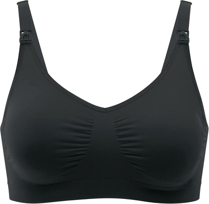 Close-up of black Medela nursing bra showing seamless and soft fabric.