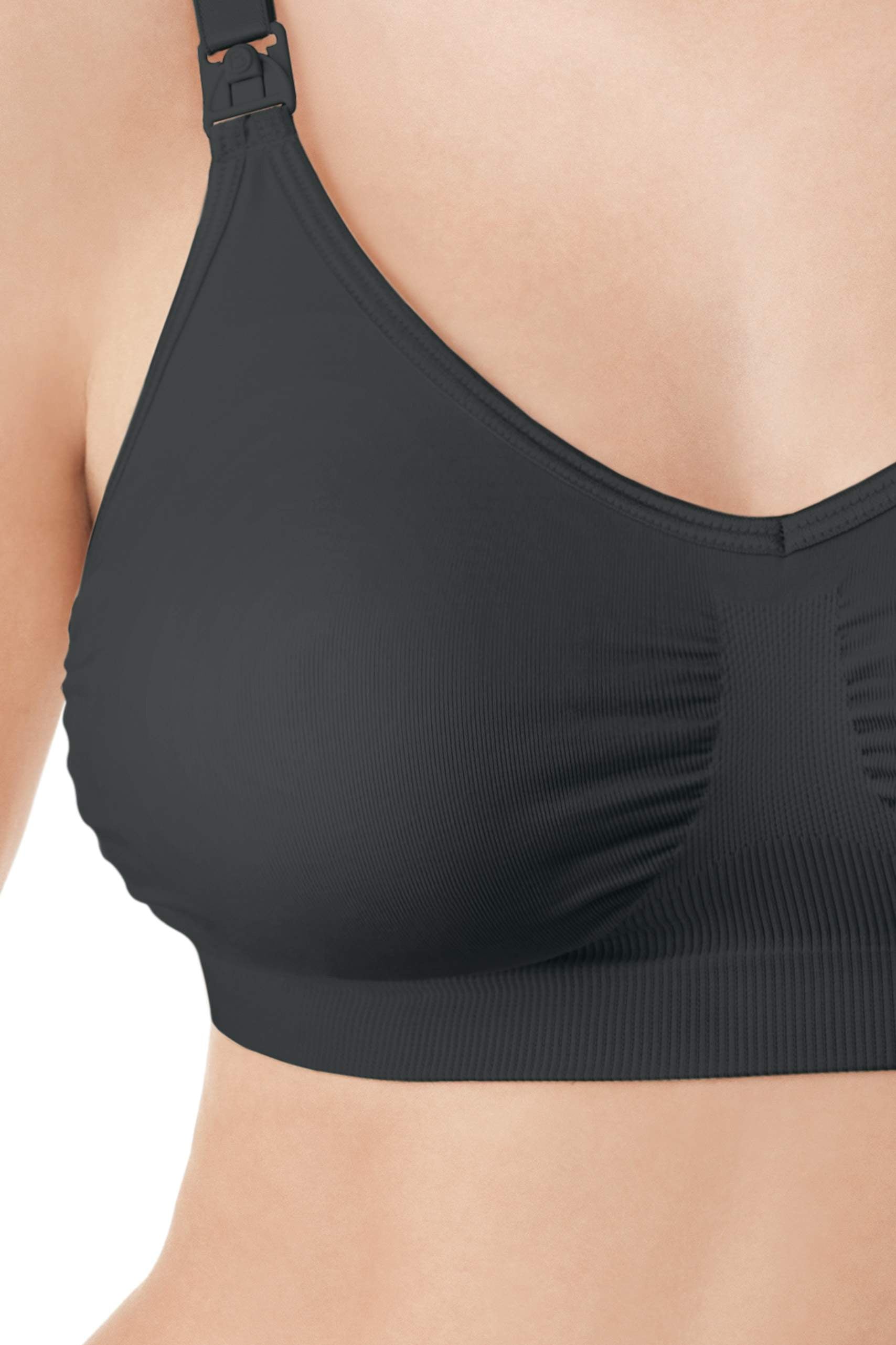 Half close-up of black Medela Comfy Bra highlighting smooth fabric and design details.