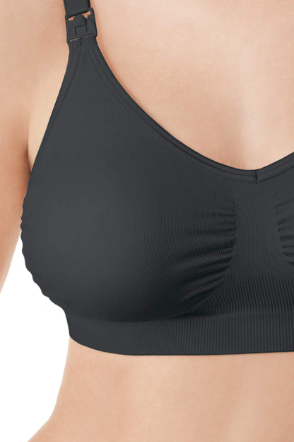 Half close-up of black Medela Comfy Bra highlighting smooth fabric and design details.