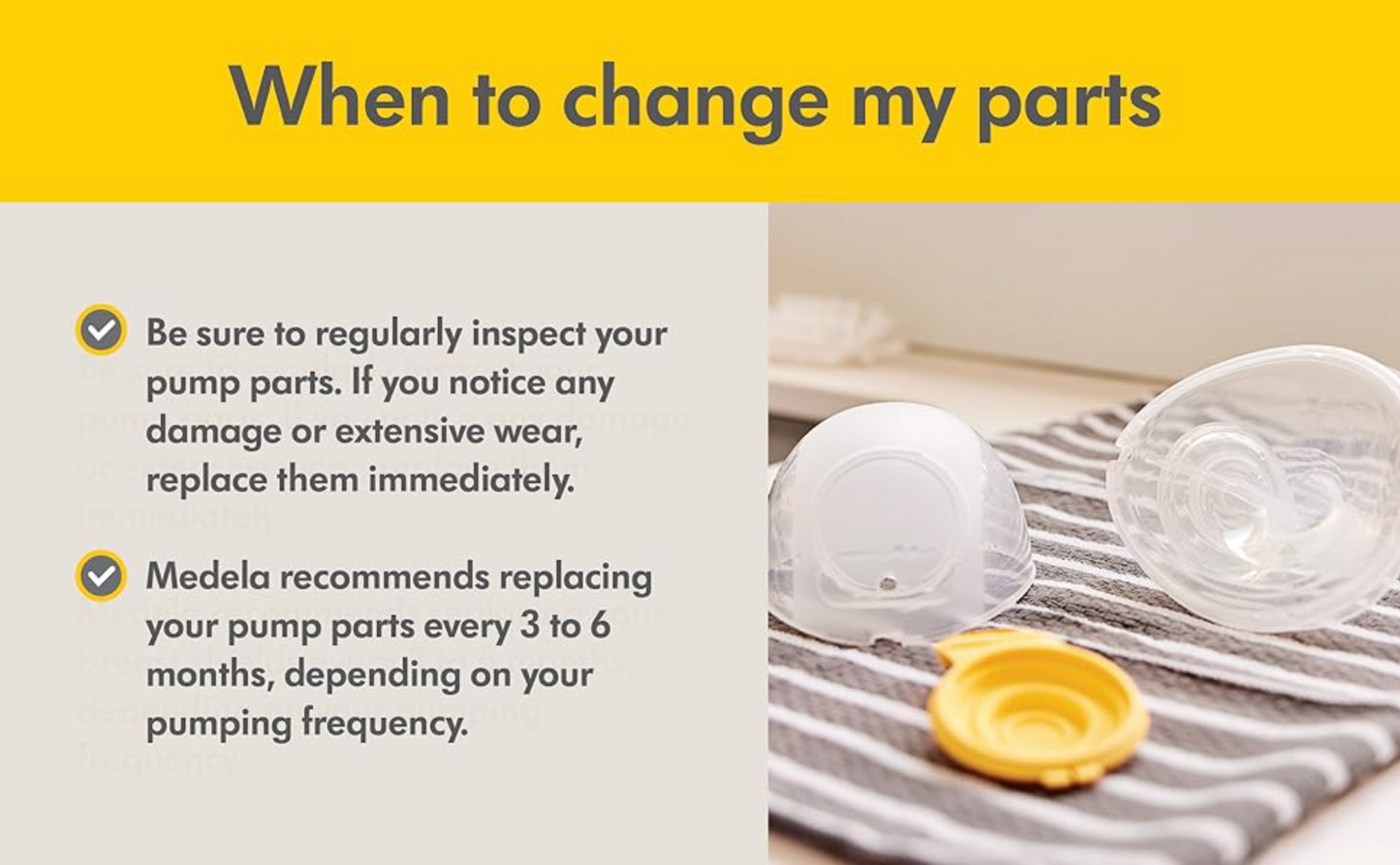 Image showing when to change parts for Medela breast pumps, ensuring consistent performance and milk expression efficiency.