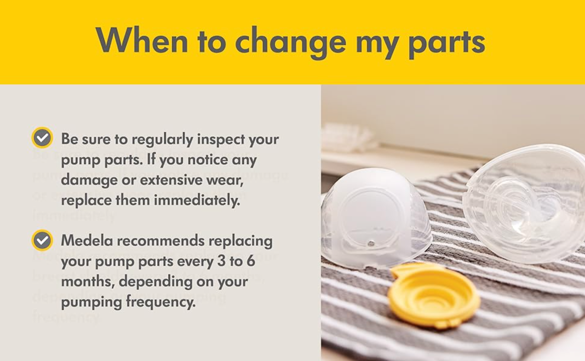 Image showing when to change parts for Medela breast pumps, ensuring consistent performance and milk expression efficiency.