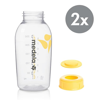 Medela 250 ml breast milk bottle, with the number "2x" indicating a set of two bottles, featuring a leak-proof screw-on lid for secure storage.