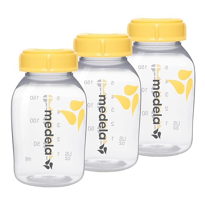 Medela Breast Milk Bottle Set, 150ml each, 3-pack with leak-proof caps, microwave & dishwasher safe, designed for safe storage and easy measurement of breast milk.