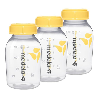 Medela Breast Milk Bottle Set, 150ml each, 3-pack with leak-proof caps, microwave & dishwasher safe, designed for safe storage and easy measurement of breast milk.