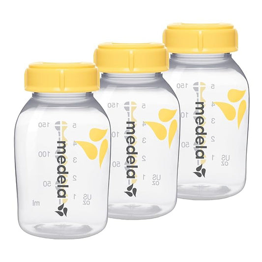 Medela Breast Milk Bottle Set, 150ml each, 3-pack with leak-proof caps, microwave & dishwasher safe, designed for safe storage and easy measurement of breast milk.