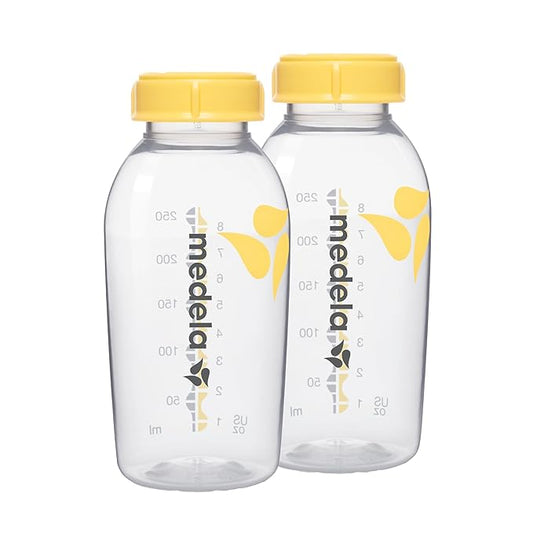 Medela Breast Milk Bottle Set, 2 bottles (250 ml each), BPA-free, microwave & dishwasher safe, with colorful ounce & millimeter markers for easy milk measurement.