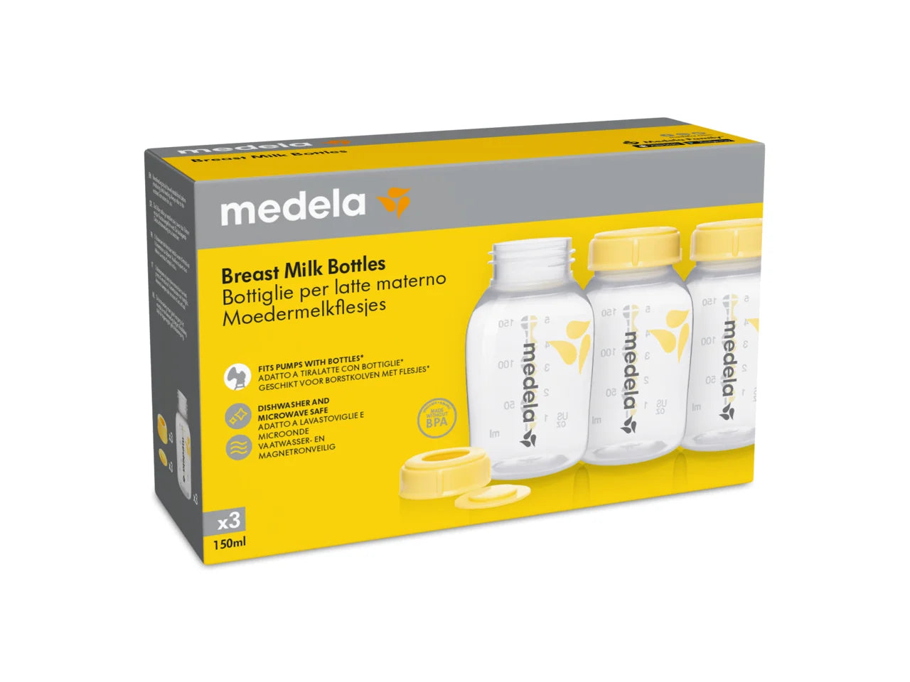 Medela Breast Milk Bottle Set packaging, featuring 3 x 150ml BPA-free bottles, leak-proof screw lids, and clear measurement markers for easy storage and feeding