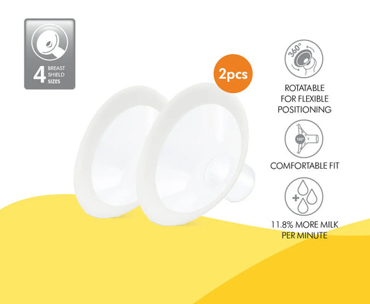 Medela Breast Shield set, designed for comfortable pumping with 360° rotation, BPA-free material, and suitable for varying nipple sizes.