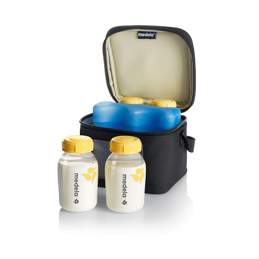 Medela Cooler Bag Set with 4 breast milk bottles and contoured ice pack for safe, on-the-go milk storage.