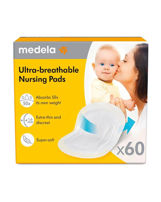 Medela Disposable Nursing Pads packaging 60 count, featuring individual wraps for convenience and hygiene, ensuring each pad stays clean and ready for use when needed.