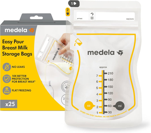 Medela Easy Pour Breastmilk Storage Bags, 210 ml Capacity (Pack of 25), Disposable Leakproof Breast Milk Bags with Milk Protection, Breastfeeding Essentials