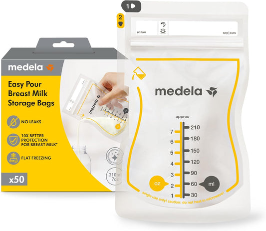 Medela Easy Pour Breastmilk Storage Bags, Disposable Leakproof Breast Milk Bags with Milk Protection, Recyclable & BPA Free, 210ml Capacity, 50 Pack