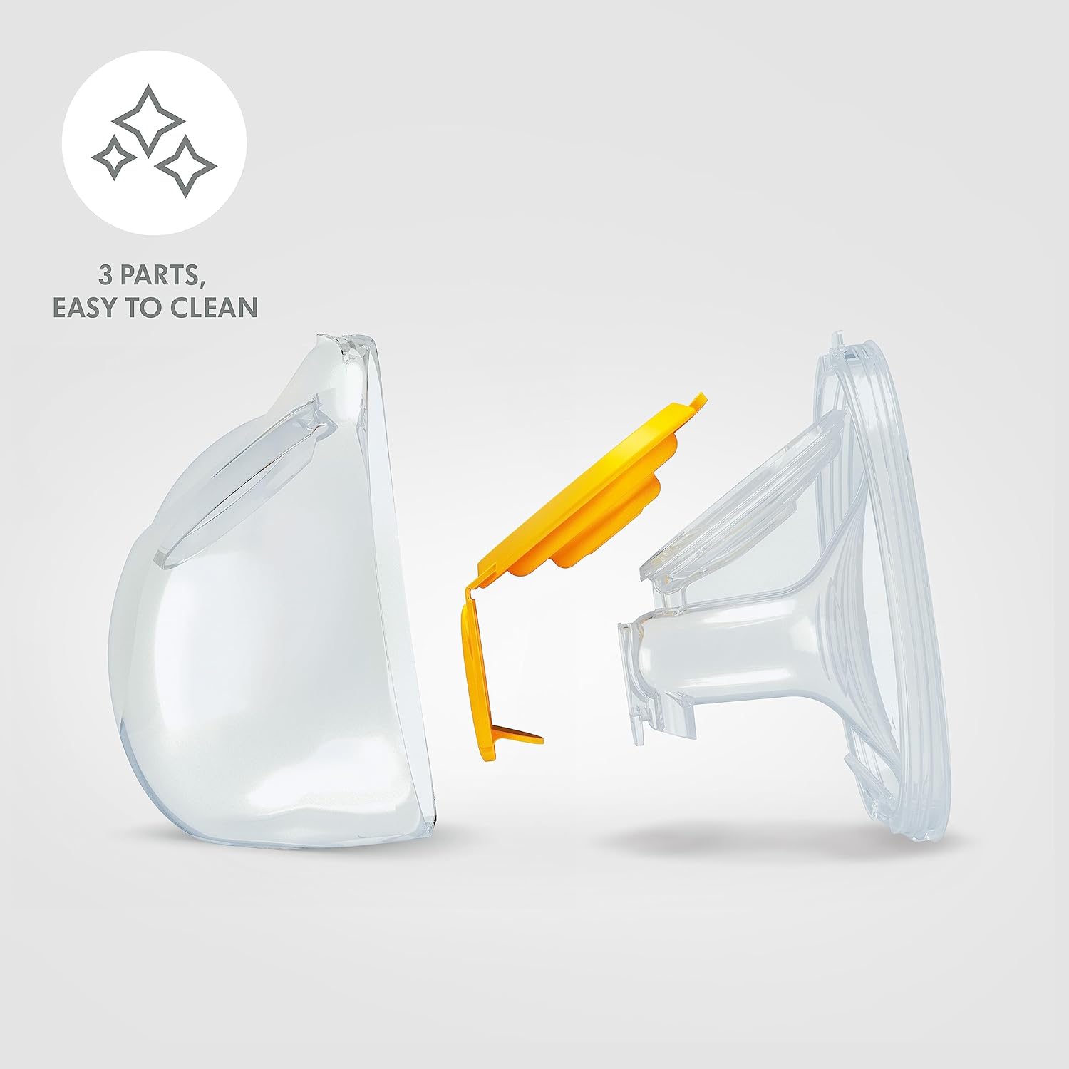 Medela Hands-Free Collection Cups shown in 3 separate parts with text highlighting 3 parts, easy to clean