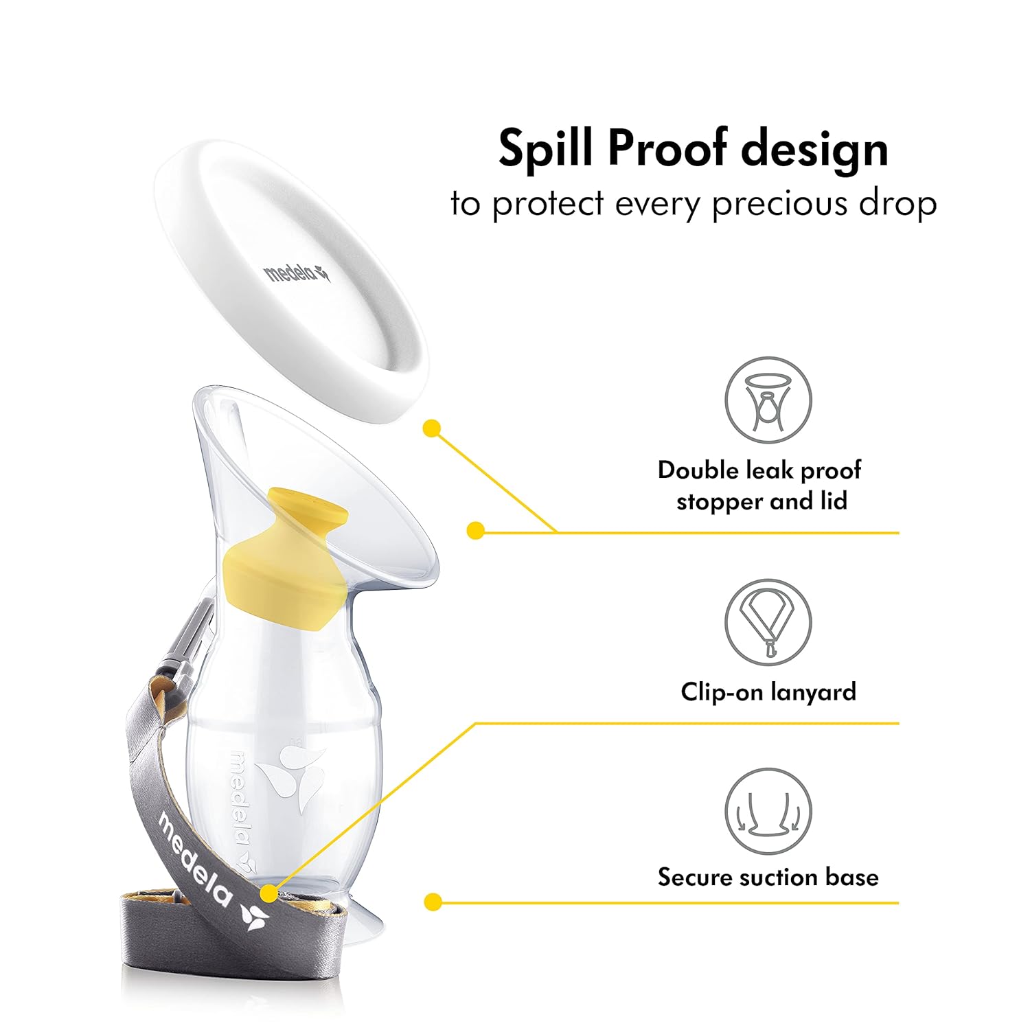 Medela Silicone Breast Milk Collector with features explained: spill-proof stopper, suction base, lanyard, and easy-to-use design