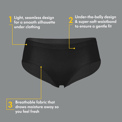 Medela black panty featuring seamless design, soft fabric, and flexible fit.