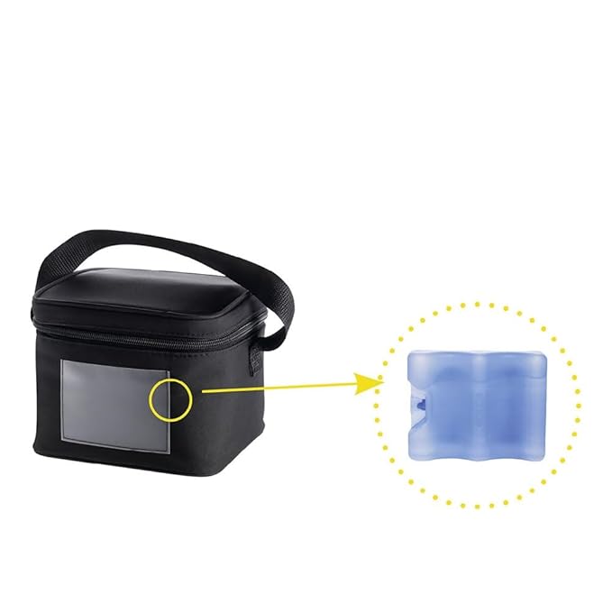 Medela cooler bag shown with an ice pack, designed to keep breast milk cool and safe.