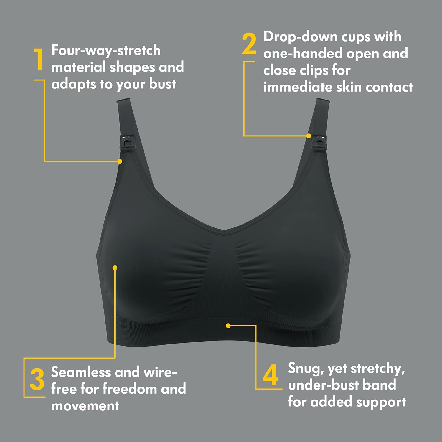 Medela nursing bra displayed flat, highlighting seamless  & wire free design, soft fabric, and easy-access clips.
