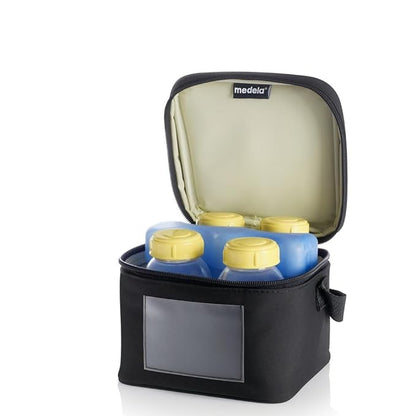 Medela Cooler Bag Set with 4 breast milk bottles and contoured ice pack for safe, on-the-go milk storage.