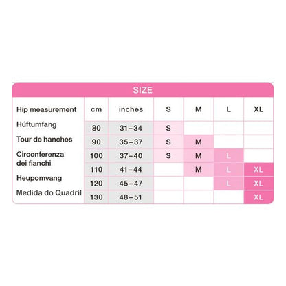 Medela supportive belly band size chart with measurements and fit guide.
