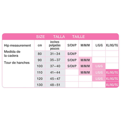 Medela supportive belly band size chart with measurements and fit guide.
