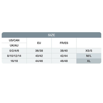 Medela white panty size chart with measurements and fitting guide.