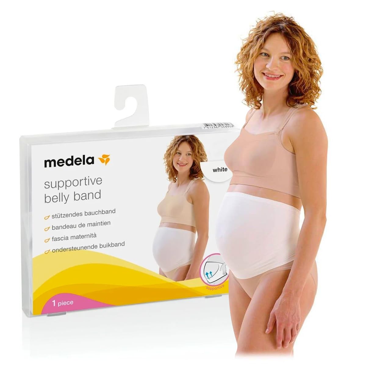 Medela white supportive belly band packaging with product branding and details.
