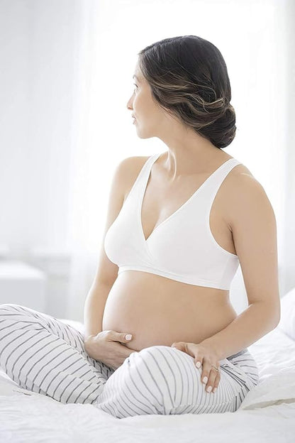 Mom wearing Medela Sleep Bra white