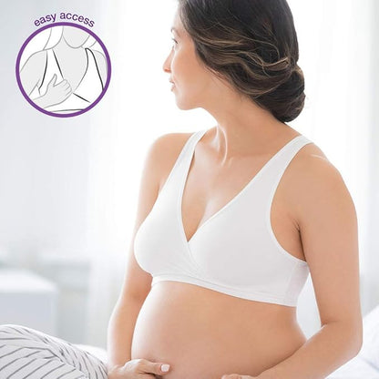 Mom wearing Medela Sleep Bra with easy access feature for breastfeeding