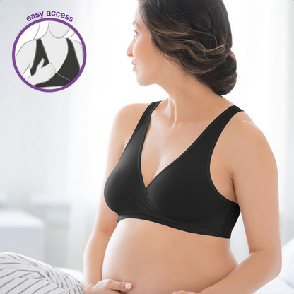 Mom wearing Medela Sleep Bra with easy access feature for breastfeeding