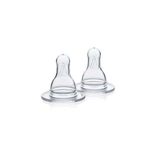 Two Medela Milk Bottle Teats made from soft, high-grade silicone, available in a 2-pack for convenient feeding.